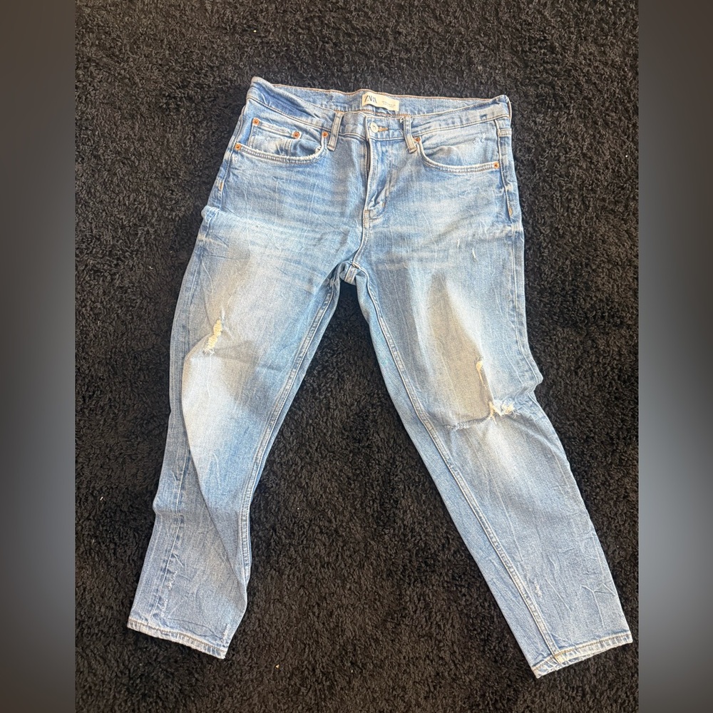 Zara Blue Boyfriend Jeans Distressed Cropped